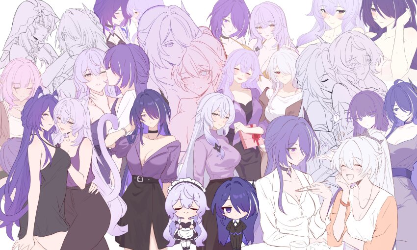 5girls :d absurdres acheron_(honkai:_star_rail) alternate_costume animal_ears apron arms_behind_back bad_tag black_choker black_dress black_pants black_skirt black_swan_(honkai:_star_rail) blue_eyes blush breasts butler cat_ears cat_tail chibi choker closed_eyes closed_mouth collarbone commentary dress earrings elysia_(honkai_impact) english_commentary enmaided female_butler hair_ornament hair_over_one_eye hand_on_another&#039;s_chin hand_up heart highres honkai:_star_rail honkai_(series) honkai_impact_3rd in-franchise_crossover jacket jewelry kemonomimi_mode kiana_kaslana kiss kissing_cheek large_breasts long_hair looking_at_another looking_at_viewer maid maid_headdress multicolored_hair multiple_girls multiple_views official_alternate_color one_eye_closed open_mouth pants ponytail purple_eyes purple_hair purple_shirt raiden_mei red_eyes samlatte shirt signature simple_background single_off_shoulder skirt smile streaked_hair suit_jacket tail thighhighs thighs veil waist_apron white_background white_hair white_thighhighs yuri