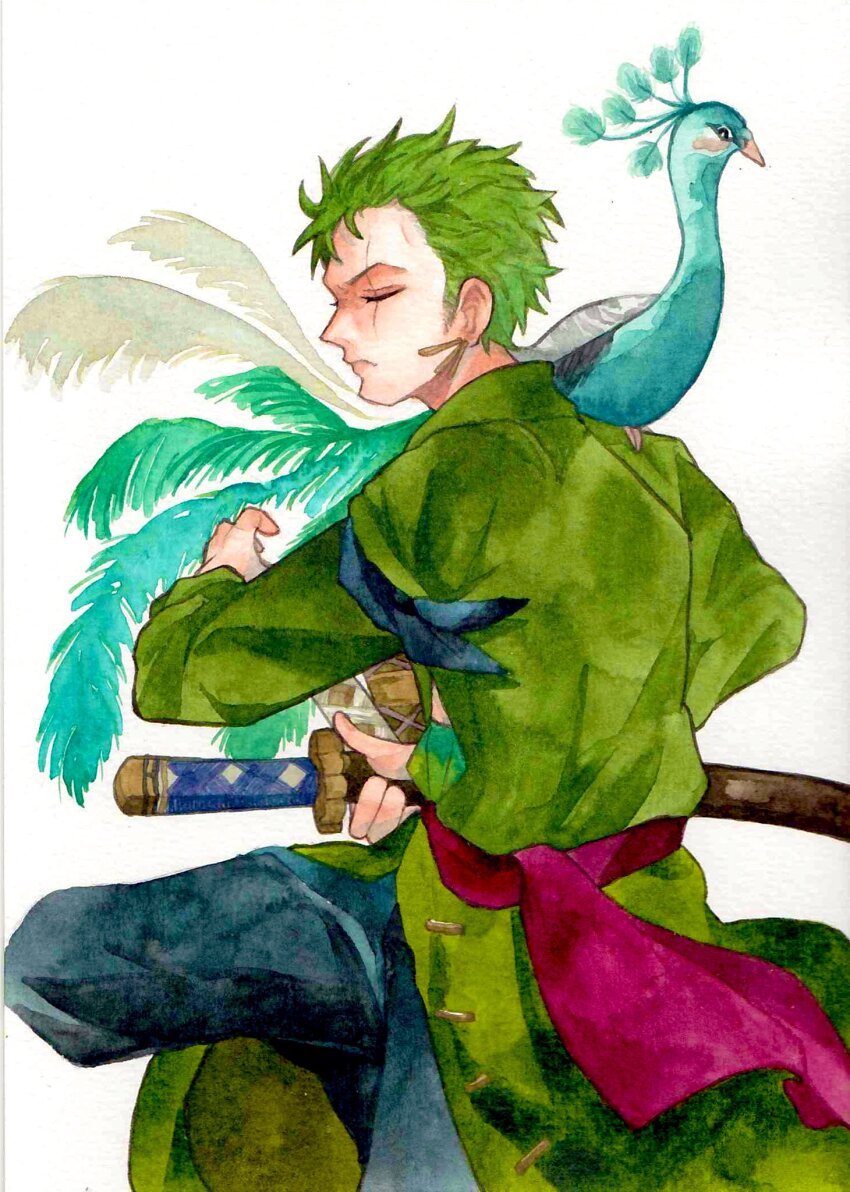 1boy animal bandana_around_arm bird closed_mouth earrings green_hair green_kimono highres japanese_clothes jewelry kimono one_piece peacock profile purple_sash roronoa_zoro sash scar scar_across_eye scar_on_face short_hair sideburns simple_background sinoda_maru7326 sword traditional_media weapon white_background