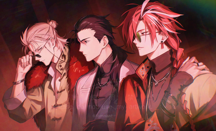 3boys black_eyes black_gloves black_hair black_jacket black_shirt braid chinese_clothes closed_mouth coat earrings eyewear_strap fate/grand_order fate_(series) fomnant gloves green-tinted_eyewear grey_shirt grey_vest hair_bun hair_slicked_back highres jacket jewelry lapels long_hair long_sleeves low_ponytail male_focus multicolored_hair multiple_boys necklace notched_lapels official_alternate_costume parted_lips ponytail red_eyes red_hair ring round_eyewear sakamoto_ryouma_(fate) shirt single_braid single_hair_bun sunglasses takasugi_shinsaku_(fate) takeda_shingen_(fate) tangzhuang tinted_eyewear turtleneck vest white_coat white_hair