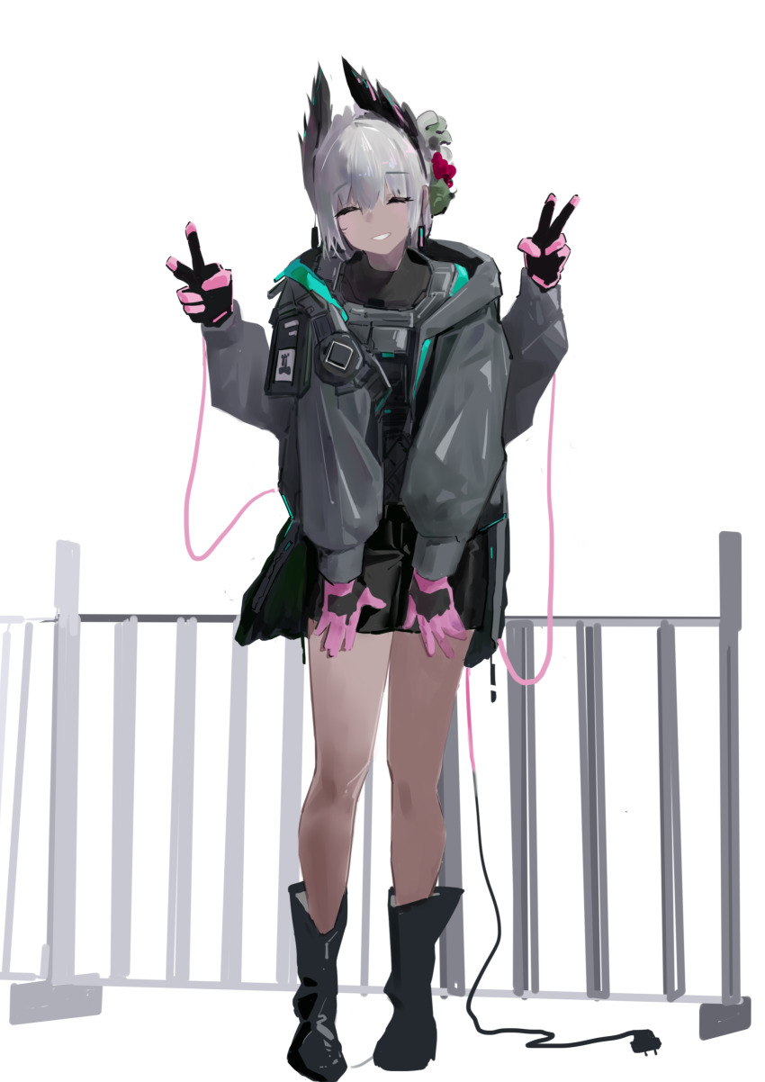 1girl :d ^_^ absurdres arknights black_boots black_gloves black_jacket boots chinese_commentary closed_eyes commentary double_v electric_plug electric_plug_tail extra_arms facing_viewer full_body gloves grey_hair grin hair_between_eyes highres jacket knee_boots long_sleeves mo_su_ji open_mouth pink_gloves raidian_(arknights) short_hair sketch_background smile solo standing tail v white_background