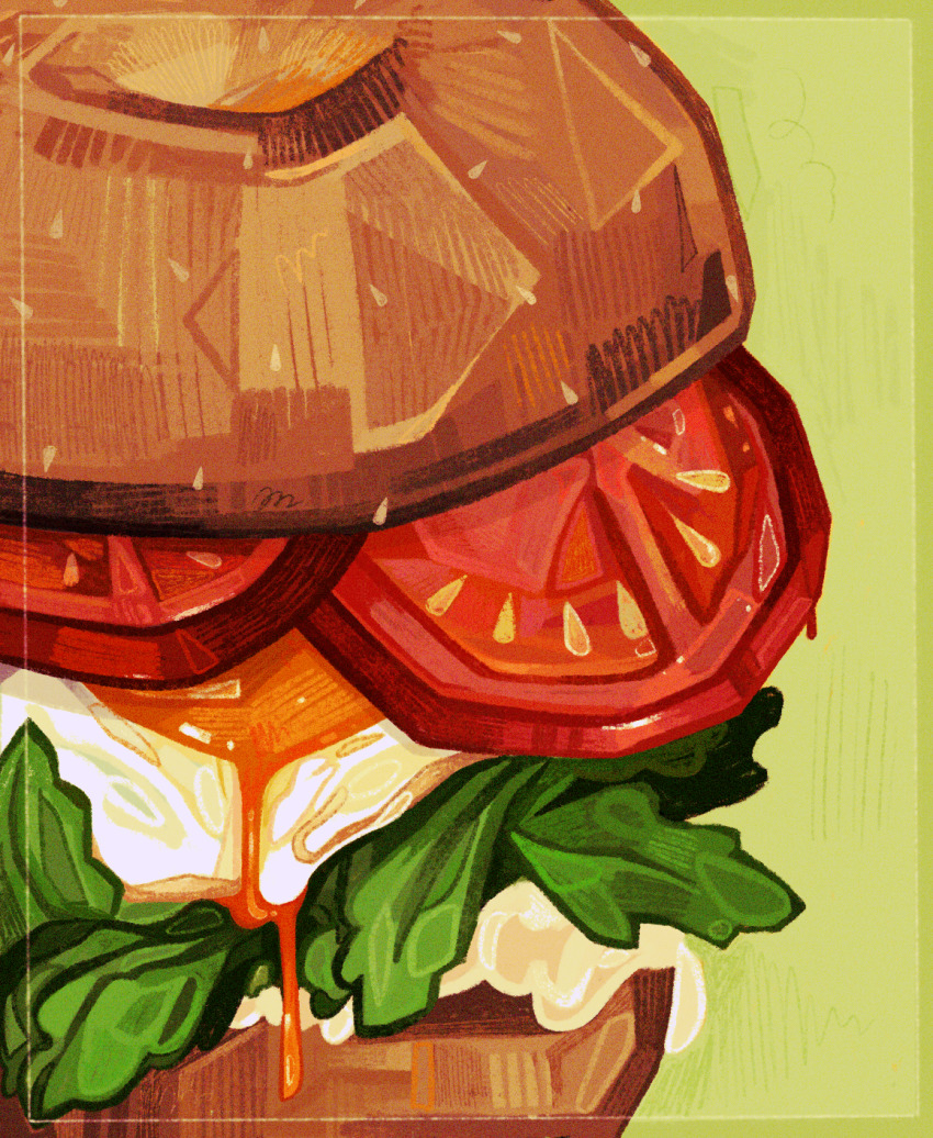 bagel bagel_sandwich border bread egg egg_(food) egg_yolk film_grain food food_focus fried_egg green_background green_border hatching_(texture) highres lettuce liquid mayonnaise no_humans original quezify sauce seed sesame_seeds simple_background still_life tomato tomato_slice vegetable