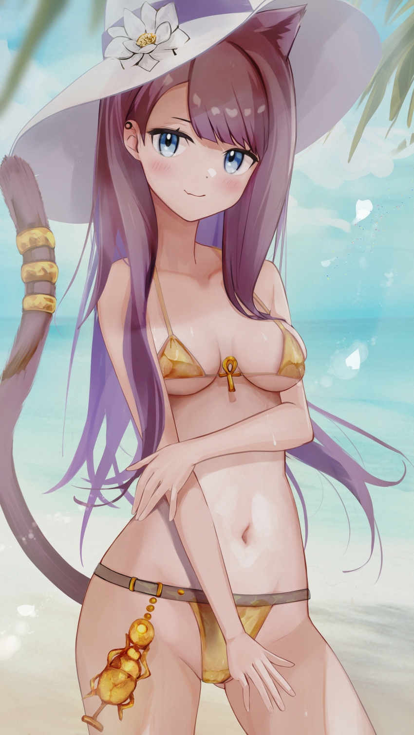 1girl absurdres alternate_costume animal_ears arknights beach bikini blue_eyes breasts brown_hair cat_ears cat_girl cat_tail commentary_request gold_bikini hat highres kyuu_(q_des9) long_hair looking_at_viewer medium_breasts micro_bikini navel ocean pepe_(arknights) smile solo stomach sun_hat swimsuit tail thighs