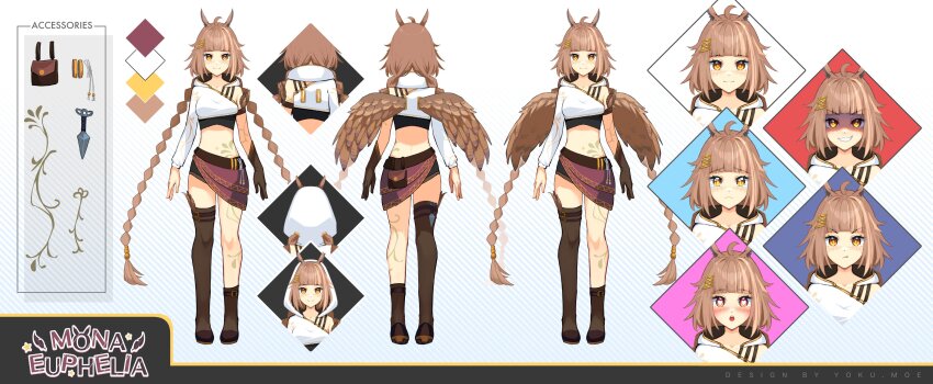 1girl :o absurdres ahoge animal_ears armpit_crease asymmetrical_legwear belt belt_buckle bird_ears bird_wings black_belt black_boots black_gloves black_shorts blunt_bangs blush body_markings boots braid breasts brown_bag brown_hair brown_wings buckle character_name closed_mouth collarbone color_guide cropped_hoodie evil_grin evil_smile feathered_wings feathers freckles from_behind full_body german_commentary gloves grin hair_ornament heart heart-shaped_pupils highres hood hood_down hood_up hoodie lightmotif long_hair long_sleeves looking_at_viewer micro_shorts mismatched_legwear mona_euphelia multiple_expressions multiple_views navel open_mouth owl_ears owl_girl pout red_skirt reference_sheet second-party_source shaded_face shorts simple_background single-shoulder_hoodie single_bare_shoulder single_glove single_sleeve single_thigh_boot skirt smile standing symbol-shaped_pupils tearing_up thigh_boots twin_braids very_long_hair virtual_youtuber white_background white_hoodie wings yellow_eyes yokura_(yukilina)