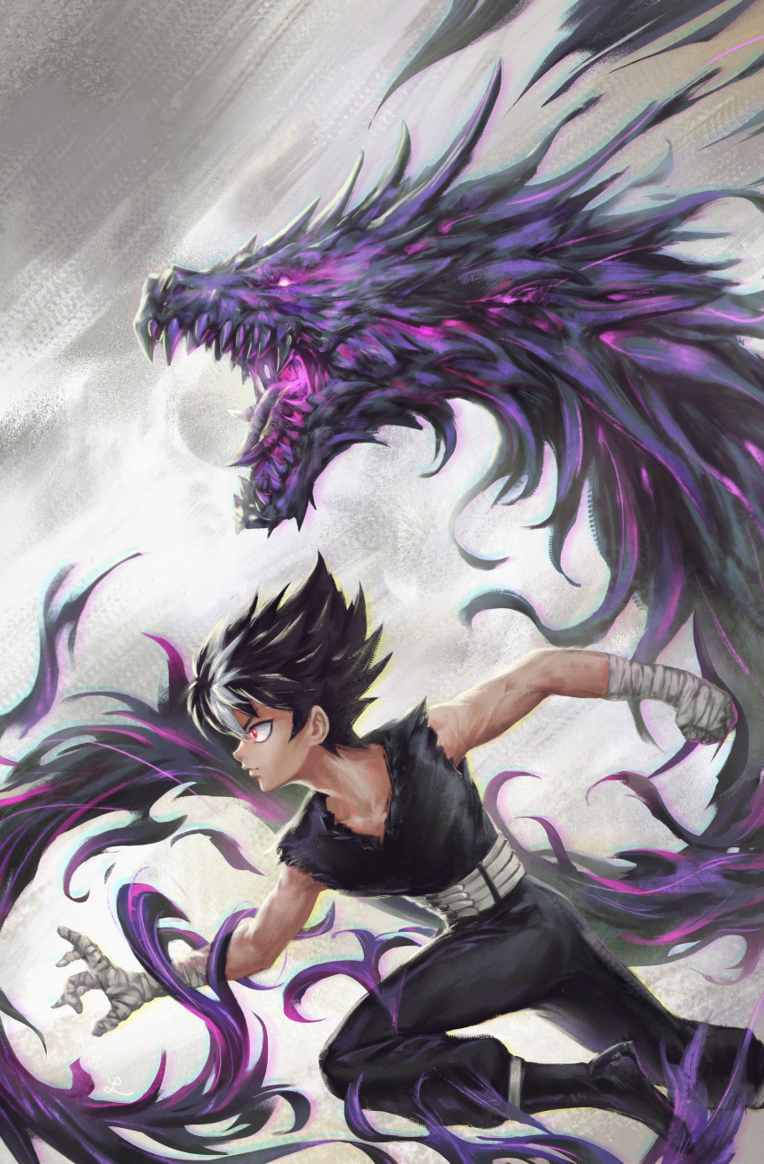 1boy absurdres bandaged_arm bandaged_hand bandages belt black_hair breath_weapon closed_mouth dragon fire freichien glowing glowing_eyes hiei highres male_focus open_mouth purple_eyes purple_fire red_eyes sharp_teeth signature solo spiked_hair teeth tongue torn torn_clothes veins white_hair yuu_yuu_hakusho