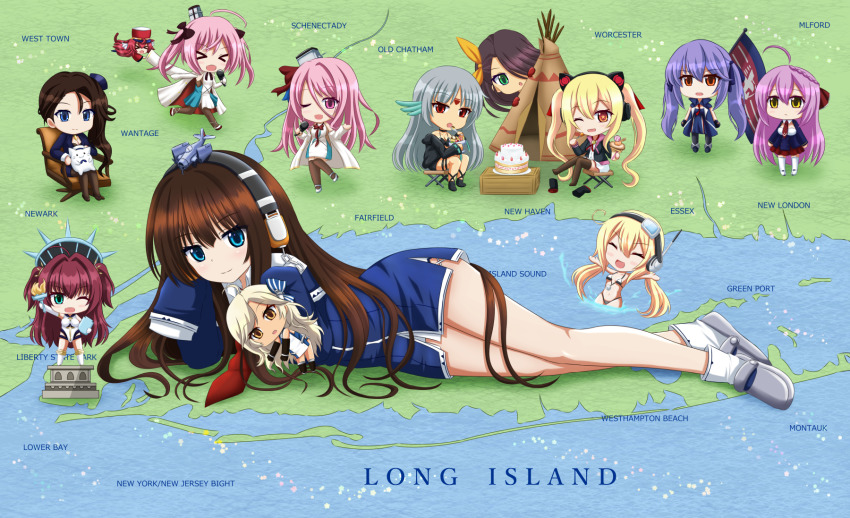 &gt;_&lt; 6+girls :d ;d ^_^ ahoge albacore_(azur_lane) animal_ears armchair azur_lane bikini black_hair black_legwear blonde_hair blue_eyes blue_hair blue_shirt bow braid breasts brooklyn_(azur_lane) brown_hair cake cat cat_ears cat_tail chain chair chibi cleavage closed_eyes clothes_on_shoulders coat coat_on_shoulders concord_(azur_lane) eating elbow_gloves essex_(azur_lane) eyes_visible_through_hair facial_mark flag folding_chair food gloves green_eyes grumman_f3f hair_between_eyes hair_bow hair_ribbon hat headphones highres holding holding_microphone hood hoodie in_water insider_(pix_insider) island justice_(azur_lane) lexington_(azur_lane) long_hair long_island_(azur_lane) long_sleeves looking_at_viewer low_twintails lying map massachusetts_(azur_lane) meowfficer_(azur_lane) microphone multiple_girls necktie northampton_(azur_lane) off_shoulder office_chair on_side one_eye_closed open_mouth oversized_clothes oversized_shirt pantyhose partially_submerged peeking_out pennsylvania_(azur_lane) pink_hair purple_eyes purple_hair quincy_(azur_lane) red_eyes ribbon running saratoga_(azur_lane) shirt short_hair side_ponytail sidelocks silver_hair simple_background single_braid sitting size_difference sleeves_past_wrists smile star-shaped_pupils star_(symbol) statue_of_liberty strawberry_cake surcouf_(azur_lane) swimsuit swivel_chair symbol-shaped_pupils tail teepee tent thighhighs twintails two_side_up white_coat white_gloves xd yellow_eyes zettai_ryouiki