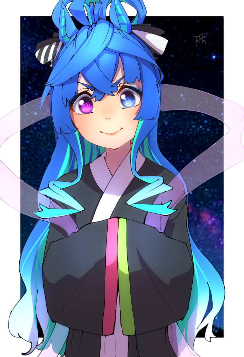 1girl @_@ ahoge animal_ears aqua_hair blue_eyes blue_hair commentary cosplay crossed_bangs hagoromo hair_between_eyes hair_down hair_rings hands_in_opposite_sleeves heterochromia highres horse_ears japanese_clothes kimono long_hair looking_at_viewer multicolored_hair orihime_(cosplay) orihime_(tanabata) purple_eyes shawl sidelocks smile solo the_weaver_girl_and_the_cowherd thin_(suzuneya) twin_turbo_(umamusume) umamusume v-shaped_eyebrows very_long_hair wavy_hair white_hair wide_sleeves