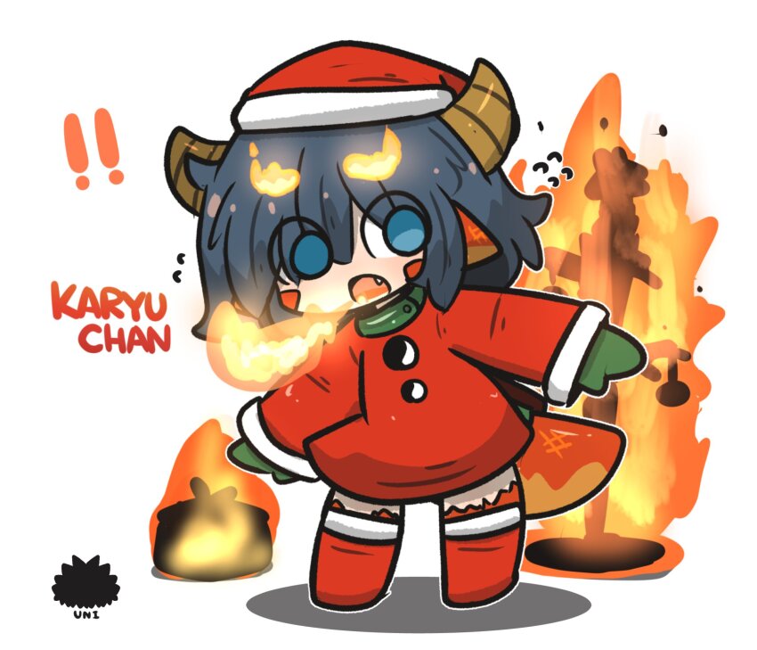 ! !! 1girl black_hair blue_eyes boots breath_weapon breathing_fire burning chibi commentary dragon_girl dragon_horns dragon_tail dress eyes_visible_through_hair fiery_eyebrows fire flying_sweatdrops green_mittens hair_over_one_eye hat highres horns knee_boots long_sleeves mittens original red_boots red_dress red_hat santa_costume santa_hat sea_urchin shadow simple_background sleeves_past_wrists solo standing tail uni_souchou white_background