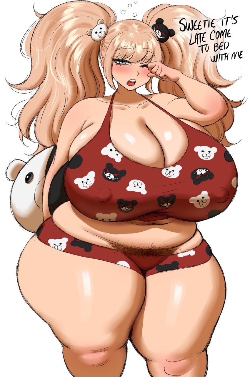 1girl absurdres bear_hair_ornament blonde_hair blue_eyes blush breasts cleavage covered_erect_nipples curvy danganronpa_(series) enoshima_junko female_focus gigantic_breasts hair_ornament highres jiuukek long_hair looking_at_viewer midriff navel one_eye_closed plump pubic_hair solo thick_thighs thighs twintails wide_hips