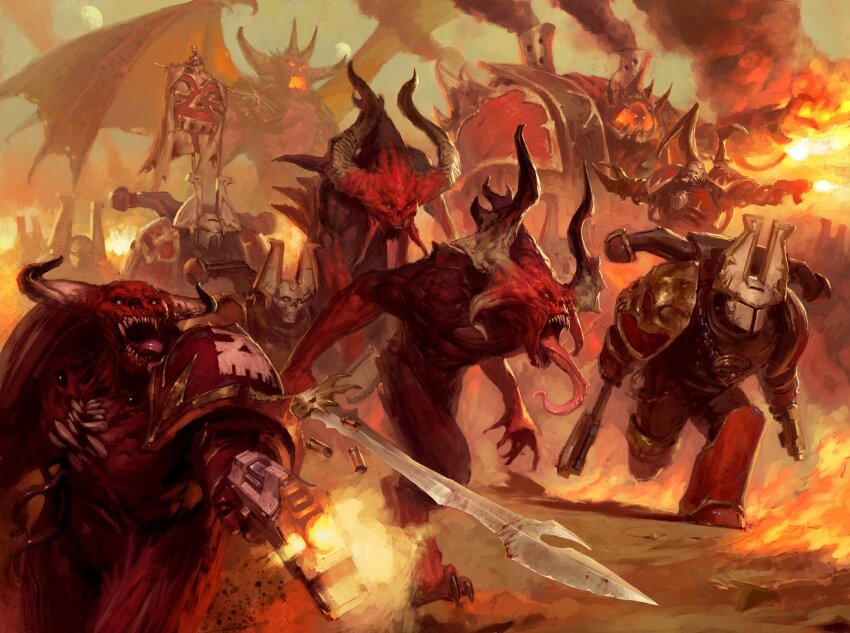 3others 6+boys adeptus_astartes armor armored_boots axe bloodletter bloodthirster bolter boots chain_axe chaos_(warhammer) chaos_space_marine claw_(weapon) demon demon_horns demon_tail demon_wings dreadnought_(warhammer_40k) dual_wielding fire firing full_armor full_body grey_sky gun handgun hell hellbrute helmet highres holding holding_axe holding_gun holding_sword holding_weapon horns khorne khorne_berserker long_tongue multiple_boys multiple_others open_mouth outdoors pauldrons running science_fiction sharp_teeth sharp_toenails shell_casing shoulder_armor skull_ornament sky smoke space_marine sword tail teeth toenails tongue tyler_jacobson very_long_tongue warhammer_40k weapon wings world_eaters