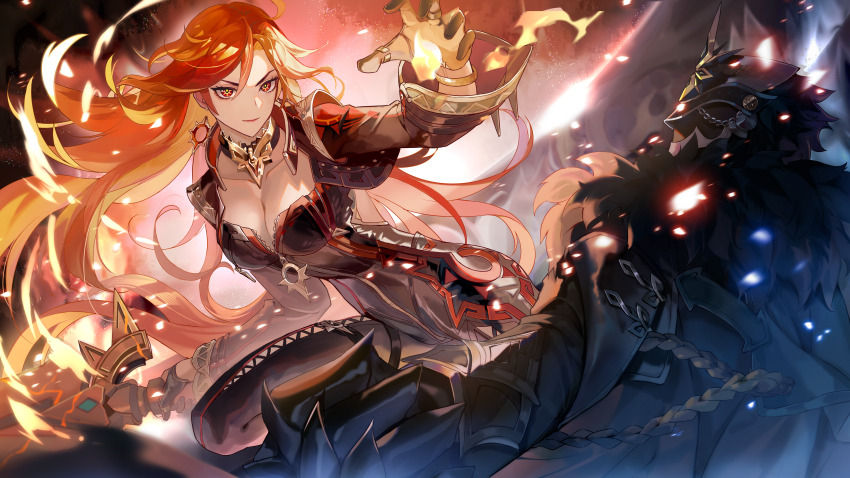 1boy 1girl absurdres artist_request biker_clothes bikesuit black_coat black_gloves black_hair bodysuit bracelet breasts capitano_(genshin_impact) cleavage closed_mouth coat collarbone color_contrast earrings fire fur_trim genshin_impact gloves hair_between_eyes highres holding holding_sword holding_weapon jewelry large_breasts light_smile long_hair long_sleeves mask mavuika_(genshin_impact) multicolored_hair orange_hair partially_unzipped polar_opposites red_eyes red_hair second-party_source sword symbol-shaped_pupils symbol_in_eye unzipped weapon zipper