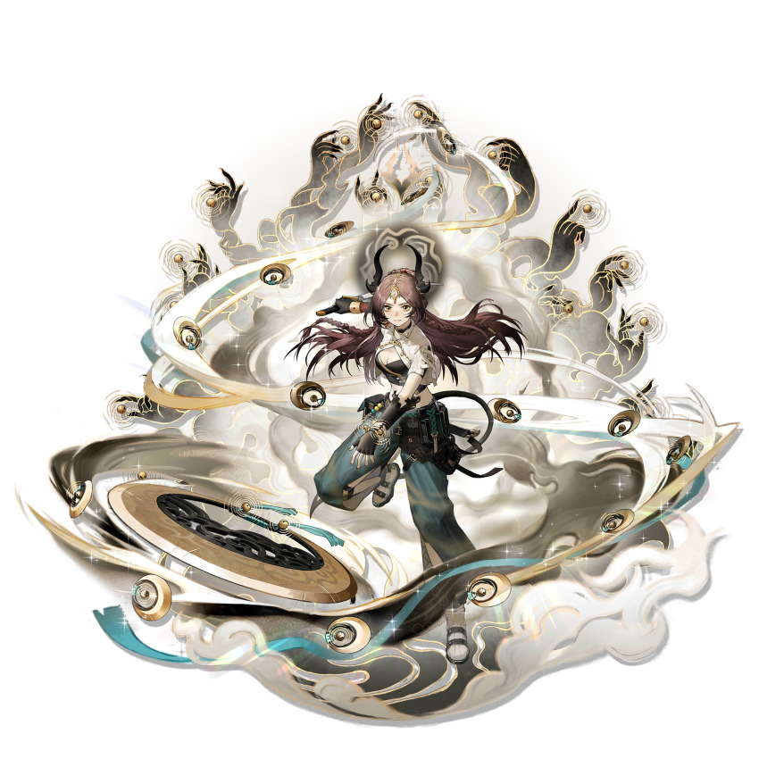 1girl aqua_pants arknights black_horns black_shirt breasts brown_hair cleavage cropped_jacket cropped_shirt five-fall floating_hair freckles full_body halo halo_behind_head highres horns jacket jieyun_(arknights) midriff official_art pants parted_bangs serious shirt simple_background solo standing standing_on_one_leg strapless third-party_source transparent_background v-shaped_eyebrows white_jacket yellow_eyes