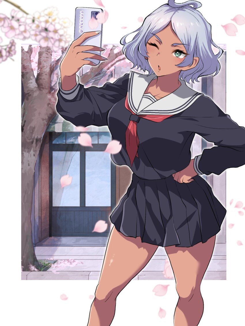 1girl ahoge blush breasts cherry_blossoms commentary dark-skinned_female dark_skin green_eyes gundam gundam_suisei_no_majo highres holding holding_phone large_breasts miniskirt mizuno374 nail_polish open_mouth phone school_uniform secelia_dote selfie serafuku skirt solo thick_eyebrows thighs white_hair white_nails