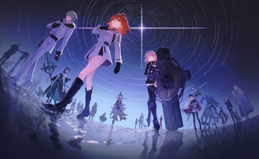 adele_(fate) ahoge armor armored_legwear armored_leotard artoria_caster_(fate) artoria_caster_(second_ascension)_(fate) artoria_pendragon_(fate) asha_(fate) backless_outfit belt beryl_gut black_armor black_footwear black_gloves black_leotard black_thighhighs black_veil blonde_hair blue_cape blue_cloak boots cape capelet cloak crown daybit_sem_void dress eyepatch fate/grand_order fate_(series) fomnant from_behind fujimaru_ritsuka_(female) fujimaru_ritsuka_(female)_(decisive_battle_chaldea_uniform) fur-trimmed_jacket fur_trim gerda_(fate) gloves gorget hair_over_one_eye holding holding_shield holding_staff horns huge_horns husband_and_wife jacket kadoc_zemlupus kirschtaria_wodime leotard long_hair long_horns makarios_(fate) marine_nemo_(fate) mash_kyrielight mash_kyrielight_(ortenaus) medium_hair miyamoto_musashi_(fate) miyamoto_musashi_(second_ascension)_(fate) morgan_le_fay_(fate) morgan_le_fay_(queen_of_winter)_(fate) multicolored_cape multicolored_capelet nemo_(fate) night night_sky olga_marie_animusphere ophelia_phamrsolone orange_eyes orange_hair pants patxi_(fate) ponytail purple_eyes purple_hair reflection reflective_water scandinavia_peperoncino sherlock_holmes_(fate) shield shirt short_hair sky splashing staff standing standing_on_liquid striped_bodysuit taur tepeu_(fate) thighhighs twintails u-olga_marie veil wakchan walking walking_on_liquid water white_dress white_hair white_jacket white_pants white_shirt xiang_yu_(fate) xquic_(fate) yu_mei-ren_(fate) yu_mei-ren_(third_ascension)_(fate)