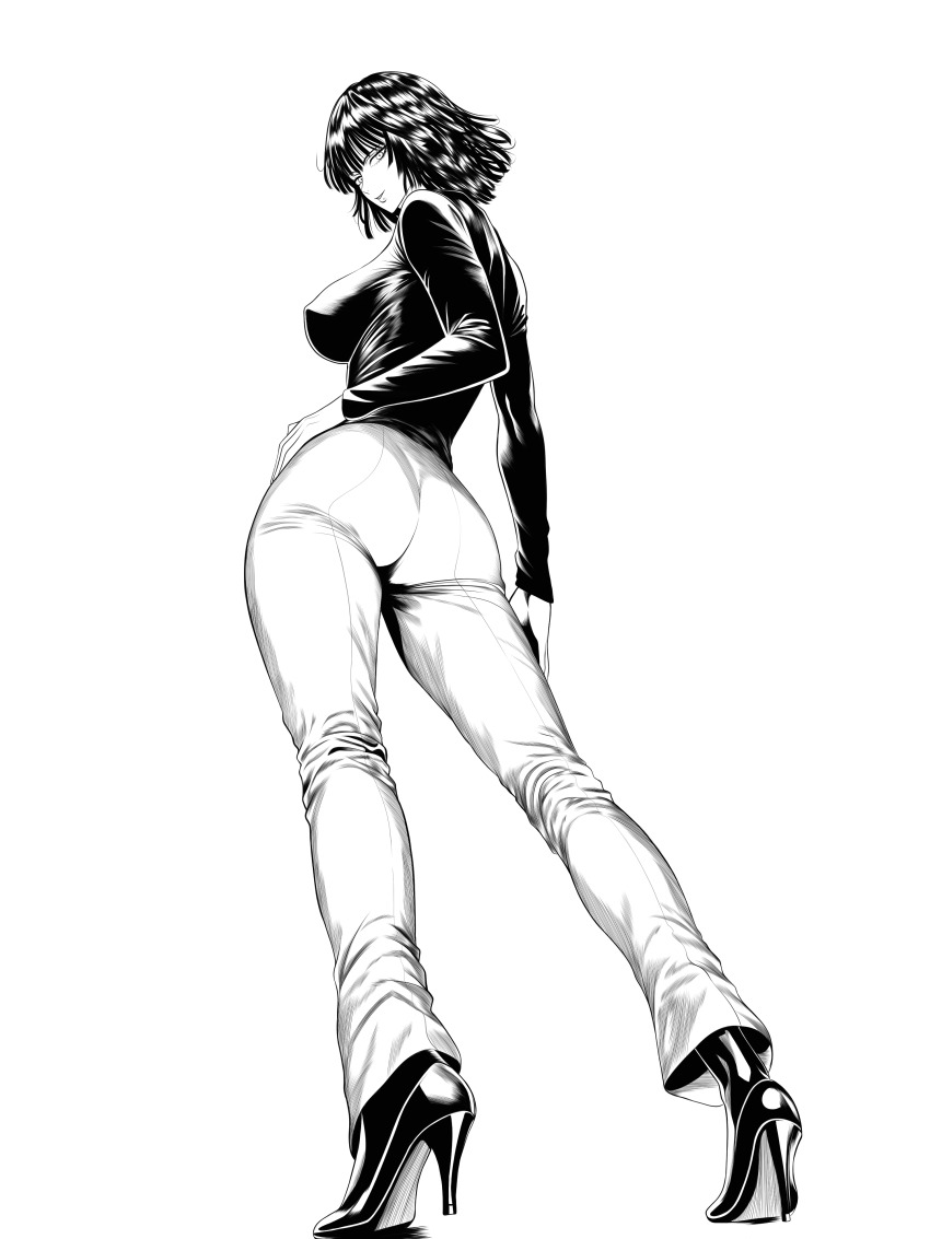 1girl absurdres ass black_footwear black_shirt breasts from_behind fubuki_(one-punch_man) full_body hand_on_own_hip high_heels highres looking_at_viewer mostlybluewyatt shirt short_hair sideboob swaying unfinished