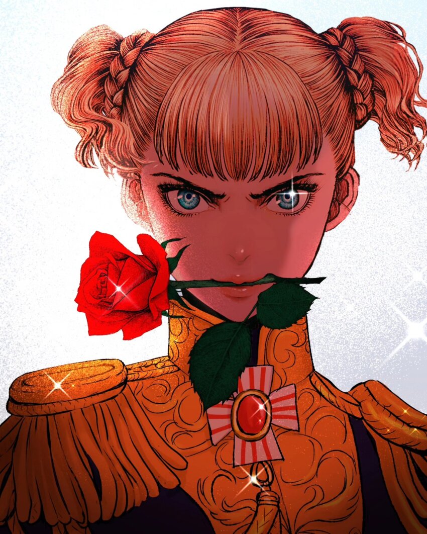 1girl aiguillette berserk blonde_hair blue_eyes braid brooch commentary cosplay english_commentary farnese_(berserk) flower flower_in_mouth glint grey_background highres jewelry lips looking_at_viewer mouth_hold nisino2222 oscar_francois_de_jarjayes oscar_francois_de_jarjayes_(cosplay) portrait short_hair smile solo sparkle twintails versailles_no_bara