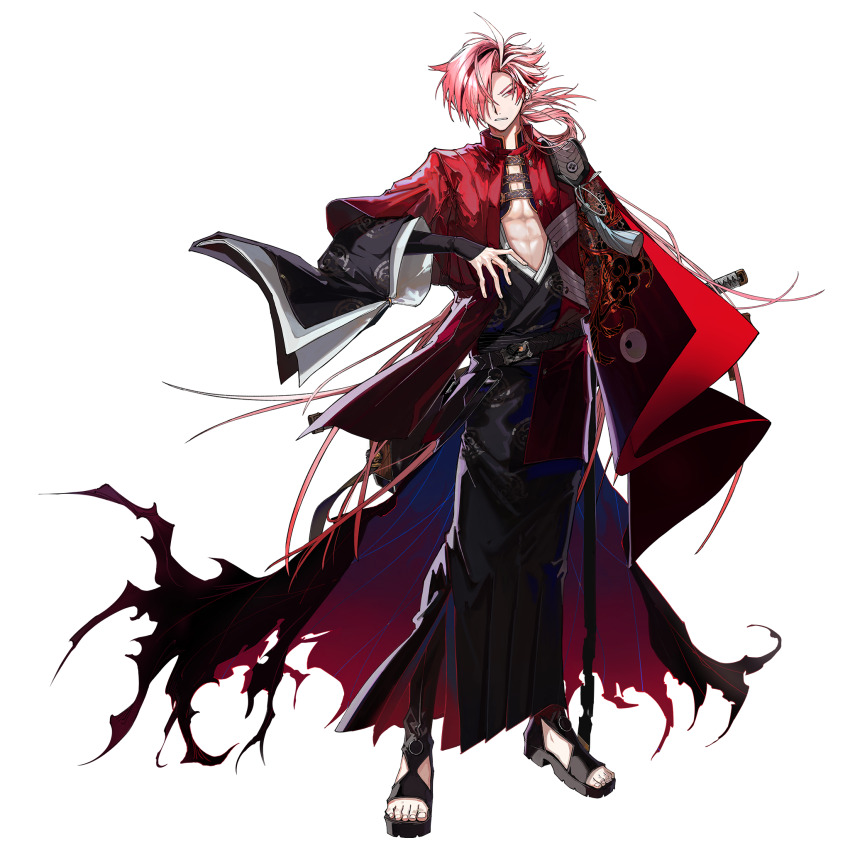 1boy black_kimono center_opening endo_(takolegs) fate/grand_order fate_(series) full_body game_cg hair_over_one_eye haori highres japanese_clothes katana kimono long_hair long_sleeves looking_at_viewer male_focus multicolored_hair official_art ponytail print_haori red_eyes red_hair red_haori sandals solo standing streaked_hair sword tachi-e takasugi_shinsaku_(fate) third-party_source torn_clothes transparent_background weapon white_hair wide_sleeves