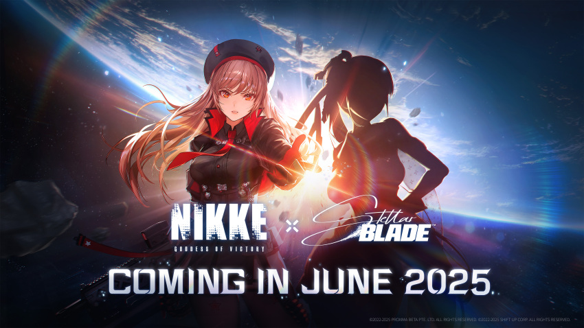 2girls absurdres beret breasts brown_hair commentary cross_promotion crossover earth_(planet) english_commentary english_text eve_(stellar_blade) goddess_of_victory:_nikke hat highres jacket large_breasts long_hair looking_at_viewer multiple_girls official_art open_mouth outstretched_arm planet ponytail rapi_(nikke) reaching reaching_towards_viewer red_eyes silhouette space stellar_blade very_long_hair