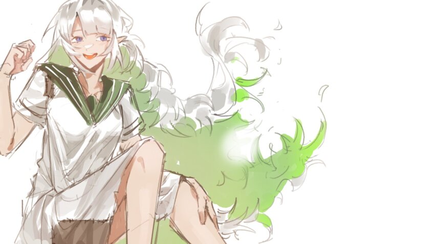 1girl arknights blue_eyes blush happy highres limbus_company long_hair mayors_(project_moon) multicolored_hair patchwork_clothes pointy_ears project_moon smile suyapuya white_background