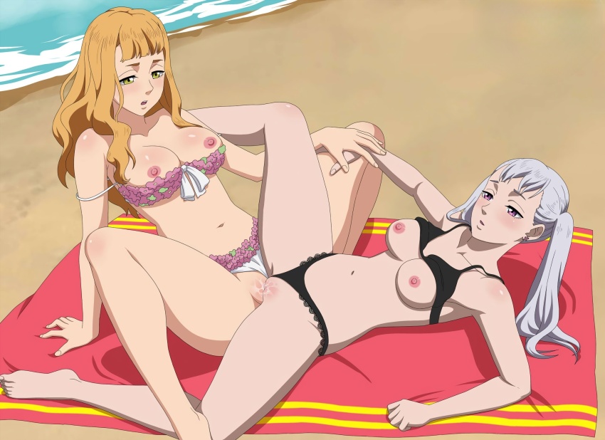 2girls arm_behind_back arm_support artist_request auburn_hair barefoot beach beach_towel bikini bikini_aside bikini_lift black_clover blush breasts breasts_out clothes_lift clothing_aside cousins curvy day earrings eye_contact feet female female_focus flower_bikini green_eyes hand_on_hand highres incest jewelry lace_bikini large_breasts long_hair looking_at_another lying lying_on_floor magic_knight medium_breasts mimosa_vermillion multiple_girls narrow_waist nature nature_background navel nipples noblewoman noelle_silva ocean on_floor open_mouth outdoors outdoors_sex partially_nude pink_eyes public_indecency pussy pussy_juice rubbing rubbing_pussy sand silver_hair sitting swimsuit thighs towel tribadism twintails uncensored vaginal vaginal_stimulation yuri