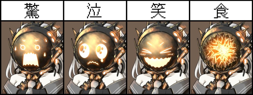 &gt;_&lt; 1girl abyssal_ship bare_shoulders closed_eyes grey_necktie kantai_collection long_hair mask multiple_expressions multiple_views necktie o_o open_mouth oso_(toolate) ra-class_destroyer ra-class_destroyer_zeta simple_background sweatdrop translated wavy_mouth white_hair