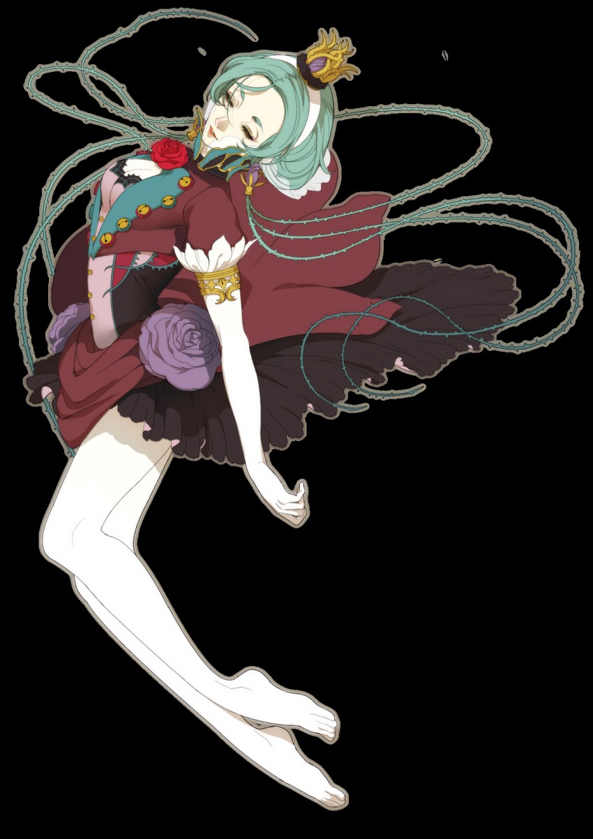 1girl bad_id bad_pixiv_id barefoot breasts cleavage closed_eyes crown dress female_focus flower full_body green_hair highres lips medium_breasts original princess_royale rose shirano sleeping_beauty_(disney) sleeping_beauty_(fairy_tale) solo sword transparent_background weapon
