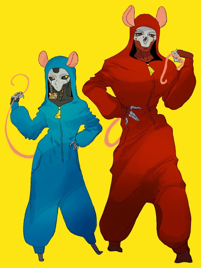 1boy 1girl abyuramu_yukidaruma alternate_costume android animal animal_costume animal_on_shoulder animification apex_legends ash_(titanfall_2) black_sclera classic_revenant colored_sclera fake_tail full_body highres humanoid_robot looking_at_another looking_down looking_up mouse_(animal) mouse_costume onesie revenant_(apex_legends) robot simulacrum_(titanfall) tail yellow_background yellow_eyes