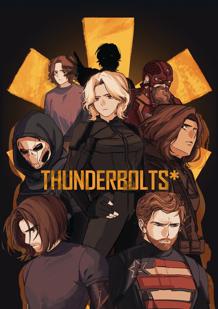 3girls 5boys absurdres animification beard black_background black_bodysuit black_eyes black_gloves black_shirt blonde_hair blue_eyes bodysuit brown_eyes brown_hair bucky_barnes bucky_kgg closed_mouth copyright_name dark-skinned_female dark_skin dual_persona facial_hair fingerless_gloves ghost_(marvel) gloves hair_between_eyes hand_on_own_hip helmet highres hood john_walker_(marvel) long_sleeves looking_at_viewer looking_to_the_side marvel marvel_cinematic_universe multiple_boys multiple_girls pocket prosthesis prosthetic_arm purple_shirt red_bodysuit red_guardian_(marvel) sentry_(marvel) shirt short_hair short_sleeves star_(symbol) star_ornament star_print striped_bodysuit superhero_costume t-shirt taskmaster thunderbolts_(movie) upper_body v-shaped_eyebrows white_mask yelena_belova