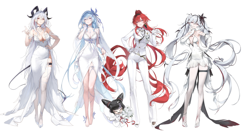 4girls absurdres ahoge alternate_costume alternate_hair_length alternate_hairstyle ascot bad_id bad_twitter_id bare_shoulders barefoot black_flower black_hairband black_horns black_tail blake_bloom_(wuthering_waves) blue_hair breasts bridal_veil buttons camellya_(wuthering_waves) cleavage closed_mouth commentary covered_navel curled_horns demon_tail double-breasted dress earrings elbow_gloves english_commentary flower gloves hair_between_eyes hair_flower hair_ornament hairband hand_on_own_hip hand_up high_ponytail highres horns jacket jewelry large_breasts long_dress long_hair long_sleeves looking_at_viewer medium_breasts merchandise_available multicolored_hair multiple_girls o-ring o-ring_thigh_strap pants pantyhose parted_lips pointing pointing_at_viewer pointy_ears ponytail purple_eyes red_eyes red_hair rose shorekeeper_(wuthering_waves) smile streaked_hair suit_jacket tail thigh_strap thighhighs twintails veil very_long_hair wedding_dress white_ascot white_dress white_flower white_gloves white_hair white_jacket white_pants white_pantyhose white_rose white_thighhighs white_veil wuthering_waves yinlin_(wuthering_waves) youngjoo_kjy zani_(wuthering_waves) zapstring_(wuthering_waves)