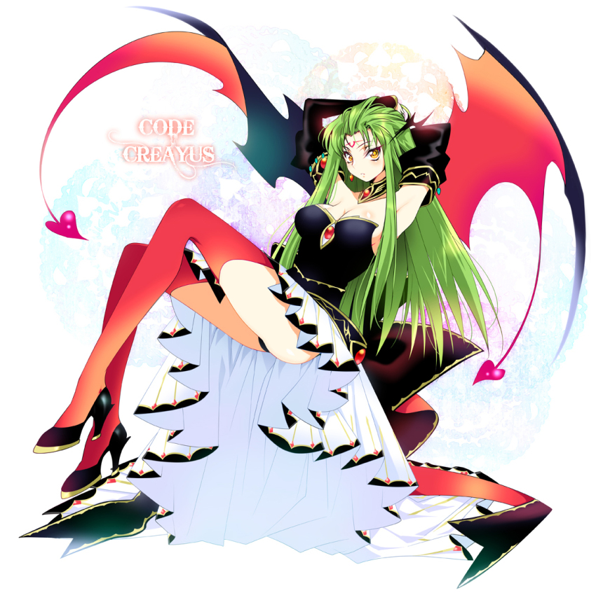 1girl arm_behind_head armpits arms_up ass blush breasts c.c. cleavage code_geass creayus detached_collar detached_sleeves dress facial_mark female_focus forehead_mark full_body green_hair heart high_heels jewelry legs long_hair looking_at_viewer medium_breasts orange_thighhighs shoes sigil solo strapless strapless_dress thighhighs white_background wings yellow_eyes