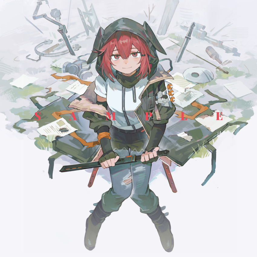1girl absurdres animal_ear_hood arknights black_boots black_coat black_gloves blue_pants boots chinese_commentary closed_mouth coat commentary_request crownslayer_(arknights) denim dopperu_ben ears_through_headwear elbow_gloves fake_animal_ears fingerless_gloves full_body gas_mask gloves hair_between_eyes hair_ornament hairband highres holding holding_sword holding_weapon hood hooded_coat hyena_ears hyena_girl jeans knees_together_feet_apart long_sleeves looking_at_viewer mask mask_around_neck mouth_mask open_clothes open_coat pants red_eyes red_hair shirt short_hair short_sleeves short_sword sitting solo sword torn_clothes torn_jeans torn_pants weapon white_shirt