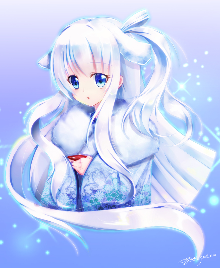 1girl blue_background blue_eyes cup dated female_focus fur_trim highres long_hair looking_at_viewer nail_polish original purple_nails sakazuki signature solo upper_body white_hair wide_sleeves yuitsuki1206