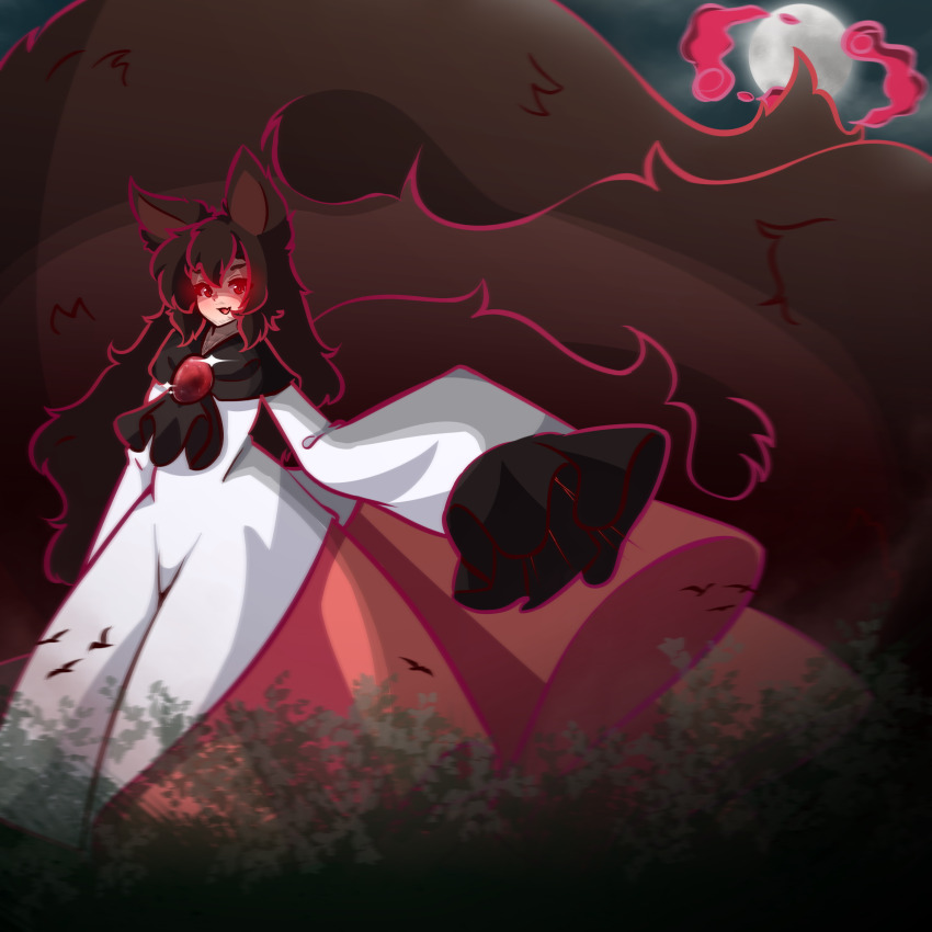 1girl :3 :d absurdres animal_ears black_dress brown_hair commentary dress dynamax english_commentary fang full_body full_moon gem giant giantess gigantamax gigantamax_(other) glint glowing glowing_eyes hair_between_eyes highres imaizumi_kagerou long_hair looking_at_viewer moon night nintendo open_mouth oversized_tail pokemon red_dress red_eyes red_gemstone rownou skin_fang sleeves_past_fingers sleeves_past_wrists smile solo standing tail touhou white_dress wolf_ears wolf_girl wolf_tail