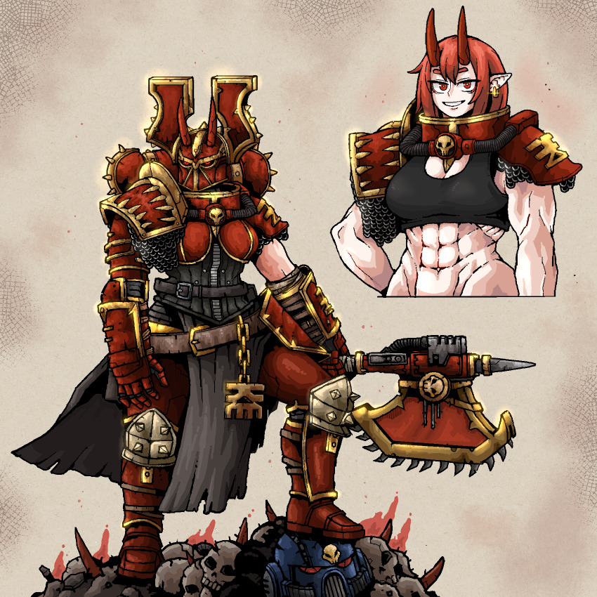 1girl abs adepta_sororitas armor axe breasts chain_axe chainmail chaos_(warhammer) cleavage commentary cropped_torso english_commentary fake_horns fallen_sisters helmet highres horned_helmet horns khorne_(cult) loincloth looking_at_viewer looking_to_the_side multiple_views muscular muscular_female octosoup pointy_ears power_armor red_eyes red_hair short_hair sister_of_slaughter skull solo tank_top ultramarines warhammer_40k