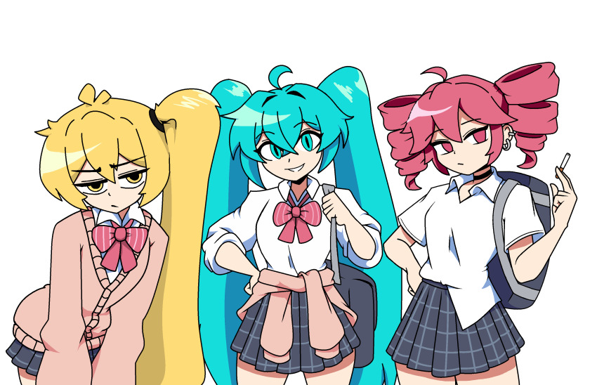 3girls absurdres ahoge akita_neru aqua_eyes aqua_hair bag black_bag blonde_hair bow bowtie cardigan cardigan_around_waist cigarette clothes_around_waist crossed_bangs drill_hair ear_piercing grey_skirt hair_between_eyes hashtag-only_commentary hatsune_miku highres holding holding_cigarette irisusde jitome kasane_teto long_hair looking_at_viewer multiple_girls piercing pink_bow pink_bowtie plaid_clothes plaid_skirt red_eyes red_hair school_swimsuit shirt shoulder_bag side_ponytail simple_background skirt smile swimsuit triple_baka_(vocaloid) twin_drills twintails utau vocaloid white_background white_shirt