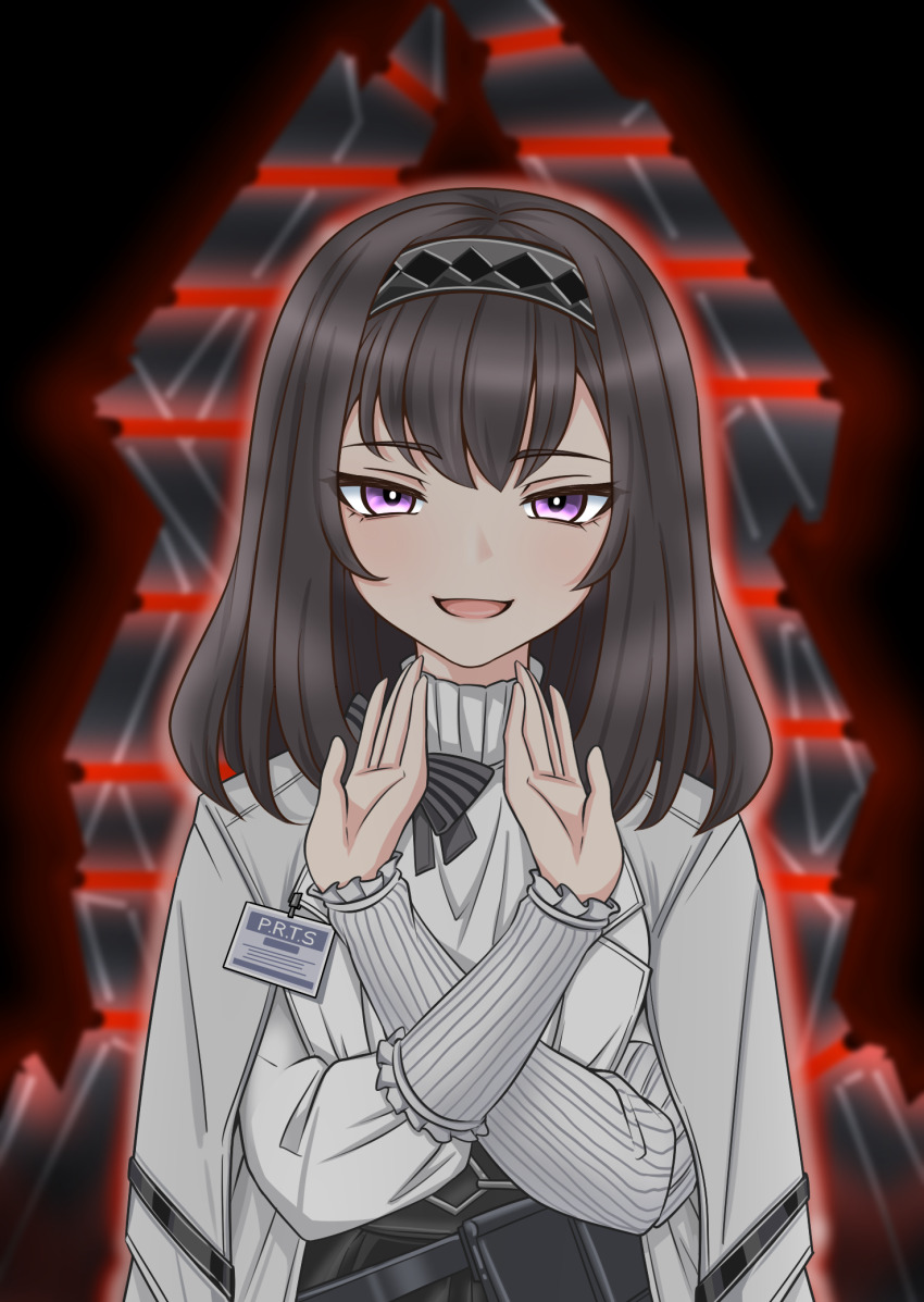 1girl :d arknights black_background black_hair black_skirt blurry blurry_background bow commentary crossed_arms dead_space depth_of_field english_commentary glowing grey_bow grey_hairband guin_guin hairband hands_up highres jacket jacket_on_shoulders long_sleeves looking_at_viewer marker_(dead_space) open_mouth priestess_(arknights) purple_eyes shirt skirt smile solo striped_bow white_jacket white_shirt