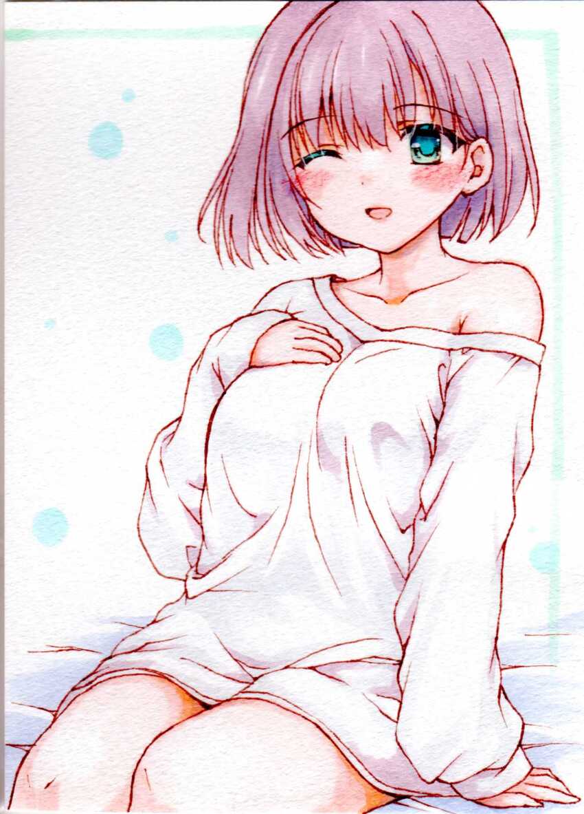 1girl aqua_eyes arm_support armpit_crease blush collarbone dress hand_on_own_chest hand_up hashtag-only_commentary highres kzfibkpon688647 looking_at_viewer marker_(medium) no_pants off-shoulder_sweater off_shoulder one_eye_closed open_mouth original pink_hair short_hair single_bare_shoulder sitting smile solo sweater sweater_dress traditional_media white_sweater