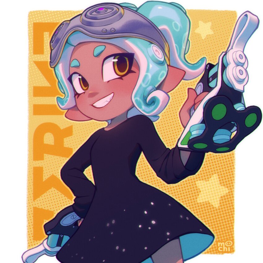 1girl absurdres black_dress blue_hair border commentary commission dress dual_wielding goggles goggles_on_head gun highres holding holding_gun holding_weapon inkumochi medium_hair nintendo octoling octoling_girl octoling_player_character outside_border smile solo splatoon_(series) splatoon_3 teeth tentacle_hair tetra_dualies_(splatoon) weapon white_border yellow_background yellow_eyes