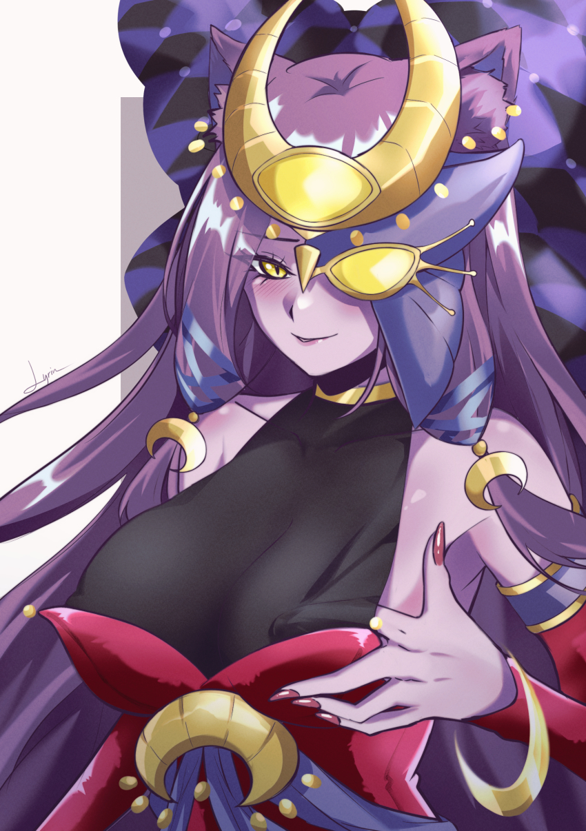 1girl absurdres alternate_breast_size animal_ears bare_shoulders breasts cat_ears cleavage colored_skin duel_monster half_mask hand_on_own_chest highres large_breasts long_hair looking_at_viewer lunalight_perfume_dancer lyrin_(haireirei) mask purple_hair purple_skin red_nails solo upper_body yellow_eyes yu-gi-oh!