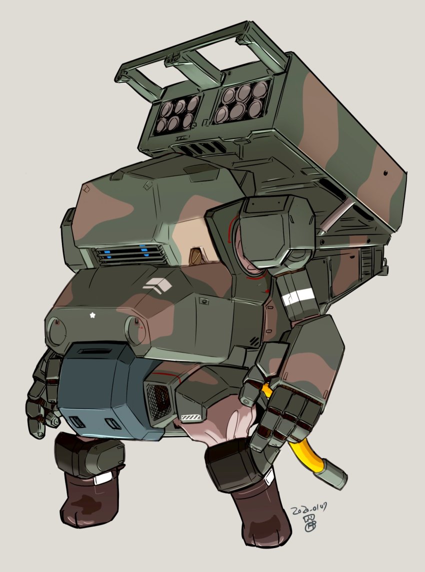 bad_id bad_twitter_id blue_eyes dated grey_background highres jgsdf_type_07_tank_nacchin looking_ahead mecha missile_pod moi_moi7 no_humans open_hands original robot science_fiction solo standing