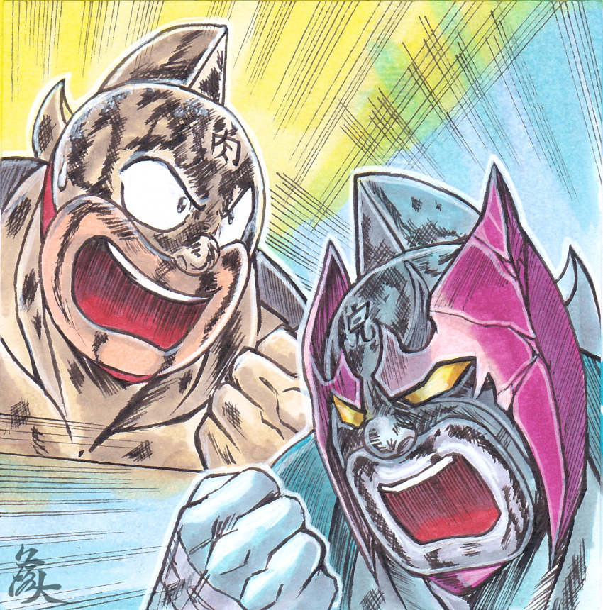 2boys angry armor artist_request biceps broken_armor clenched_hand fighting helmet highres kinniku_suguru kinnikuman kinnikuman_(character) large_pectorals looking_at_another manly mask multiple_boys muscular nemesis_(kinnikuman) open_mouth pectorals serious simple_background sweat traditional_media upper_body wrestling wrestling_outfit