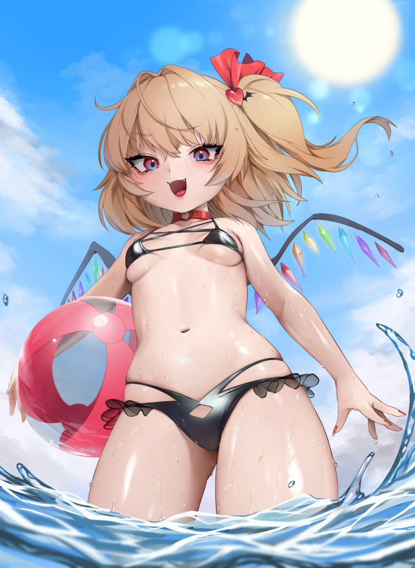 1girl ball bare_arms bare_shoulders beachball bikini bitaro black_bikini blue_sky blush breasts day eyelashes eyeliner eyeshadow fangs flandre_scarlet floating_hair hair_between_eyes hair_ornament hair_ribbon heart heart_hair_ornament highres holding long_hair looking_at_viewer makeup micro_bikini nail_polish navel open_mouth outdoors red_eyes red_nails red_ribbon ribbon shiny_skin sky small_breasts smile solo splashing standing stomach summer sun swimsuit touhou transparent underboob wading water wet wings