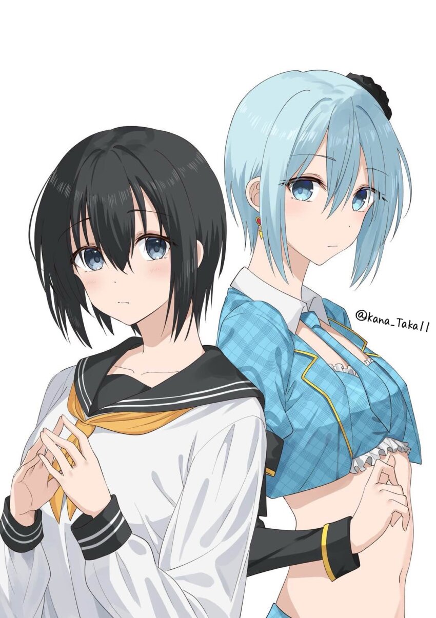 2.5_jigen_no_ririsa 2girls back-to-back black_flower black_hair black_sailor_collar black_sleeves blue_eyes blue_hair blue_jacket blue_necktie blue_tube_top blush breasts character_request collarbone commentary_request crop_top cropped_jacket detached_collar double-parted_bangs earrings flower frilled_tube_top frills from_side hair_between_eyes hair_flower hair_ornament highres jacket jewelry kanaria_hisagi layered_sleeves long_sleeves looking_at_viewer midriff multiple_girls navel neckerchief necktie nonoa_(2.5_jigen_no_ririsa) open_clothes open_jacket sailor_collar school_uniform serafuku shirt short_hair short_over_long_sleeves short_sleeves shy sidelocks simple_background small_breasts strapless tube_top twitter_username upper_body white_background white_shirt yellow_neckerchief