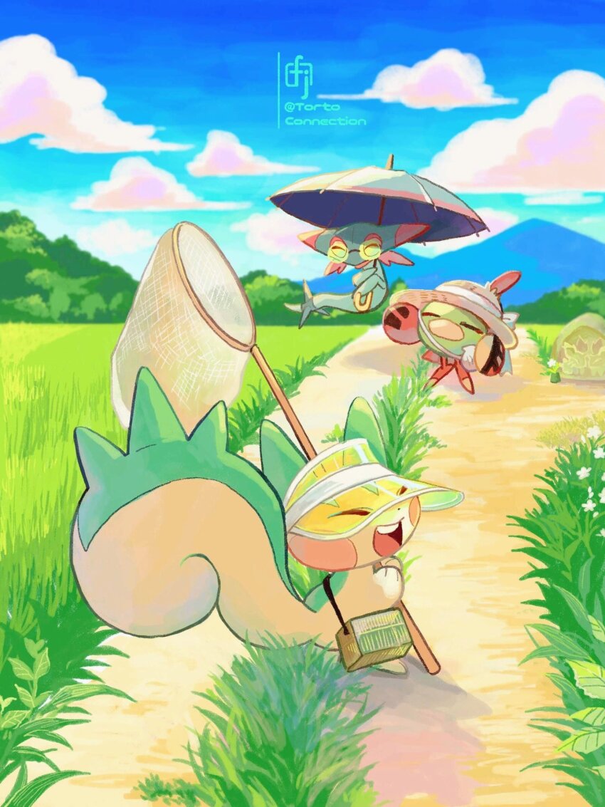 :d ^_^ artist_name bag blue_sky blue_umbrella brown_headwear butterfly_net chikafuji closed_eyes clothed_pokemon cloud commentary day dreepy flower gen_2_pokemon gen_4_pokemon gen_8_pokemon grass hand_net hat highres holding holding_butterfly_net holding_umbrella looking_back mountainous_horizon natu nintendo no_humans open_mouth outdoors pachirisu path plant pokemon pokemon_(creature) road round_eyewear sky smile straw_hat sunglasses teeth tinted_eyewear tree twitter_username umbrella visor_cap watermark white_flower yellow-tinted_eyewear yellow_headwear