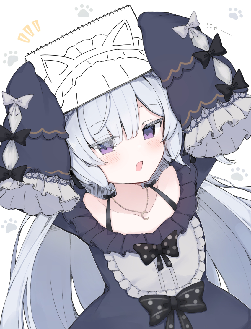 1girl animal_ear_hairband animal_ears arms_up blue_dress bow cat_ear_hairband cat_ears commentary_request crescent crescent_necklace drawn_ears dress fake_animal_ears frilled_dress frills gothic_lolita hair_over_one_eye hairband highres holding holding_sketchbook jewelry lolita_fashion long_hair long_sleeves looking_at_viewer magical_girl mahou_shoujo_no_majo_saiban mozzs natsume_an-an necklace notice_lines open_mouth polka_dot polka_dot_bow purple_eyes simple_background sketchbook solo tied_sleeves white_background