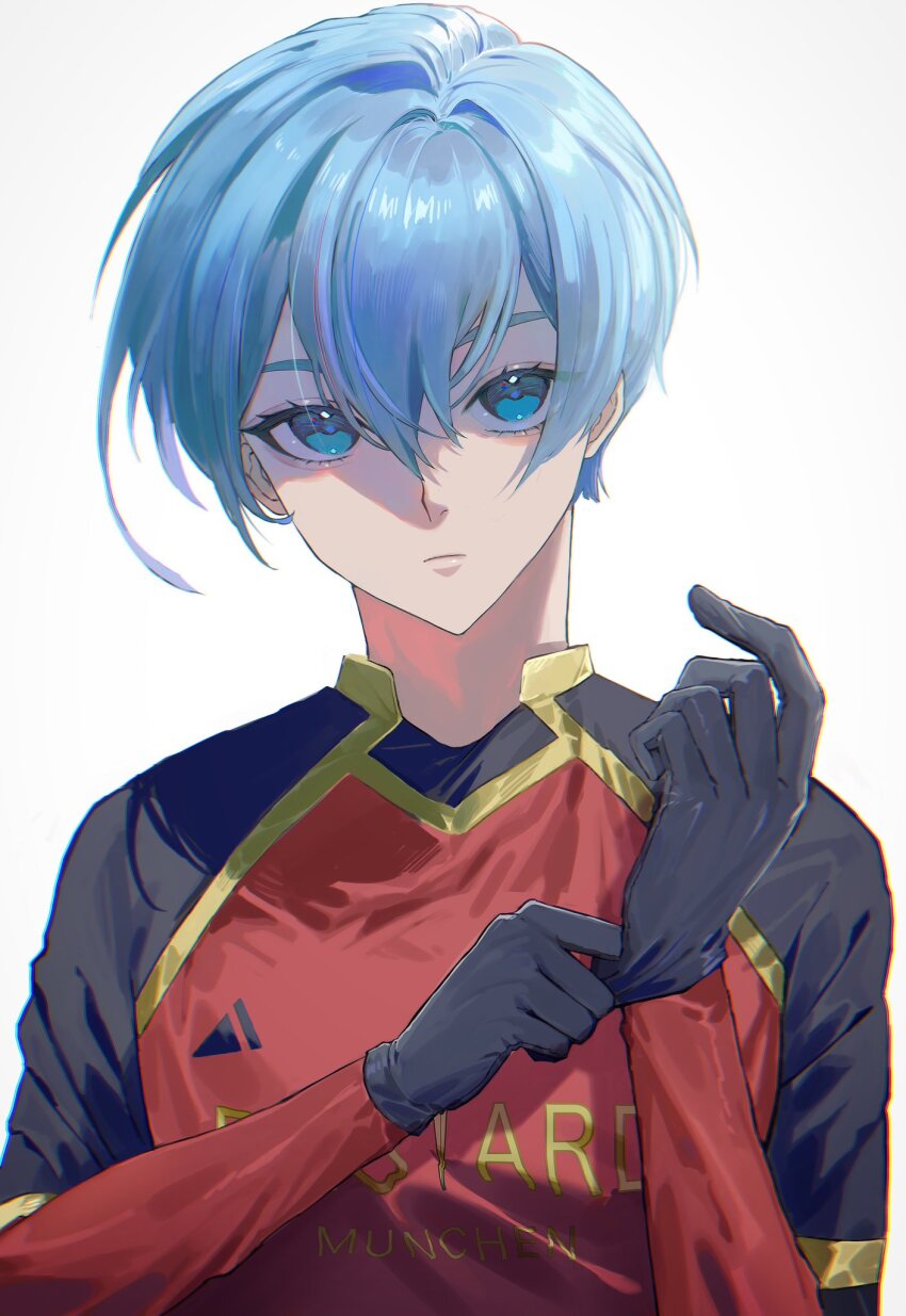 1boy adjusting_clothes adjusting_gloves black_gloves black_shirt blue_eyes blue_hair blue_lock closed_mouth collared_shirt enen_1230 gloves hands_up highres long_sleeves looking_at_viewer male_focus red_shirt shirt short_hair simple_background soccer_uniform solo sportswear two-tone_shirt upper_body white_background you_hiori