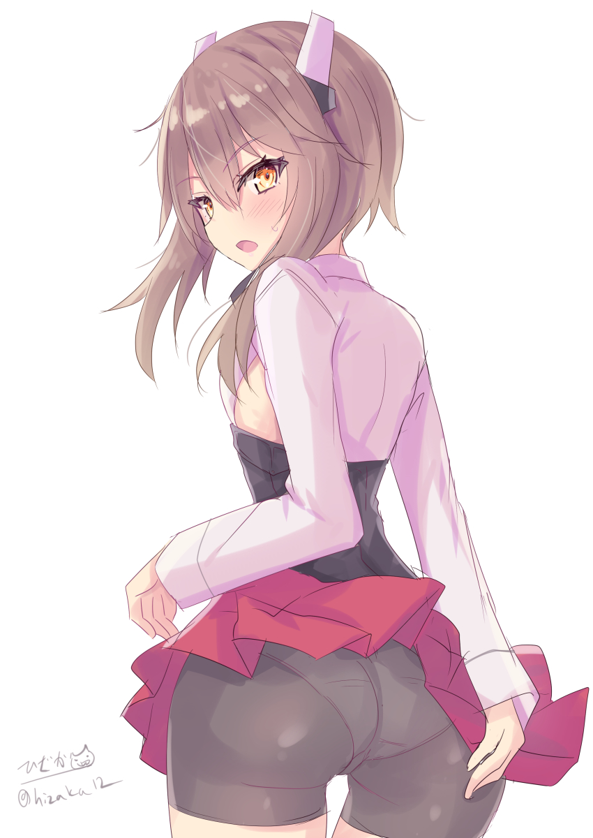 1girl absurdres ass back bike_shorts blush brown_eyes brown_hair corset cowboy_shot flat_chest hair_between_eyes headband headgear highres hizaka kantai_collection long_sleeves looking_at_viewer open_mouth panties_under_bike_shorts red_skirt shirt signature simple_background skirt solo taihou_(kancolle) twitter_username white_background white_shirt