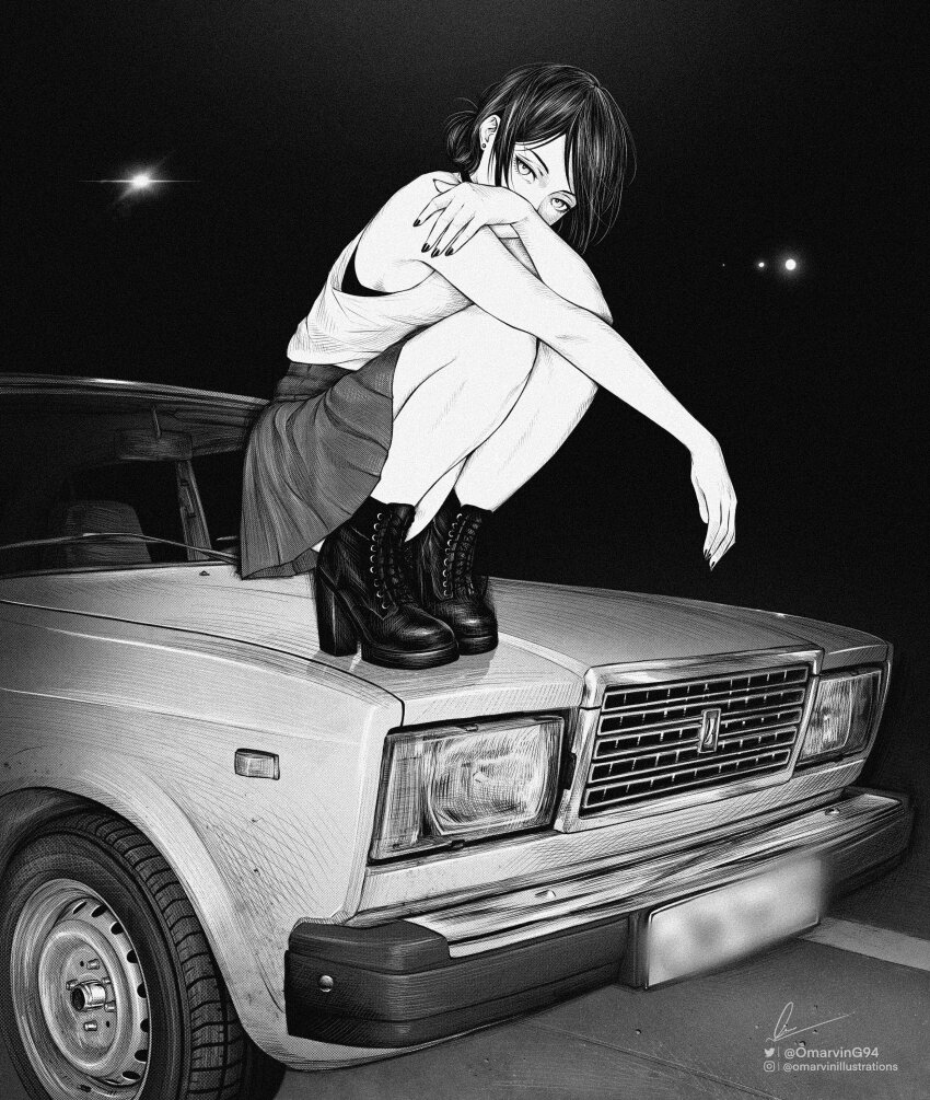 1girl absurdres bare_arms bare_shoulders boots bra bra_peek car chainsaw_man covered_mouth dress greyscale hair_bun high_heel_boots high_heels highres instagram_username lada_(car) lada_riva looking_at_viewer marvin_(omarvin) medium_hair monochrome motor_vehicle nail_polish on_car pleated_dress reze_(chainsaw_man) shirt signature solo squatting t-shirt twitter_username underwear