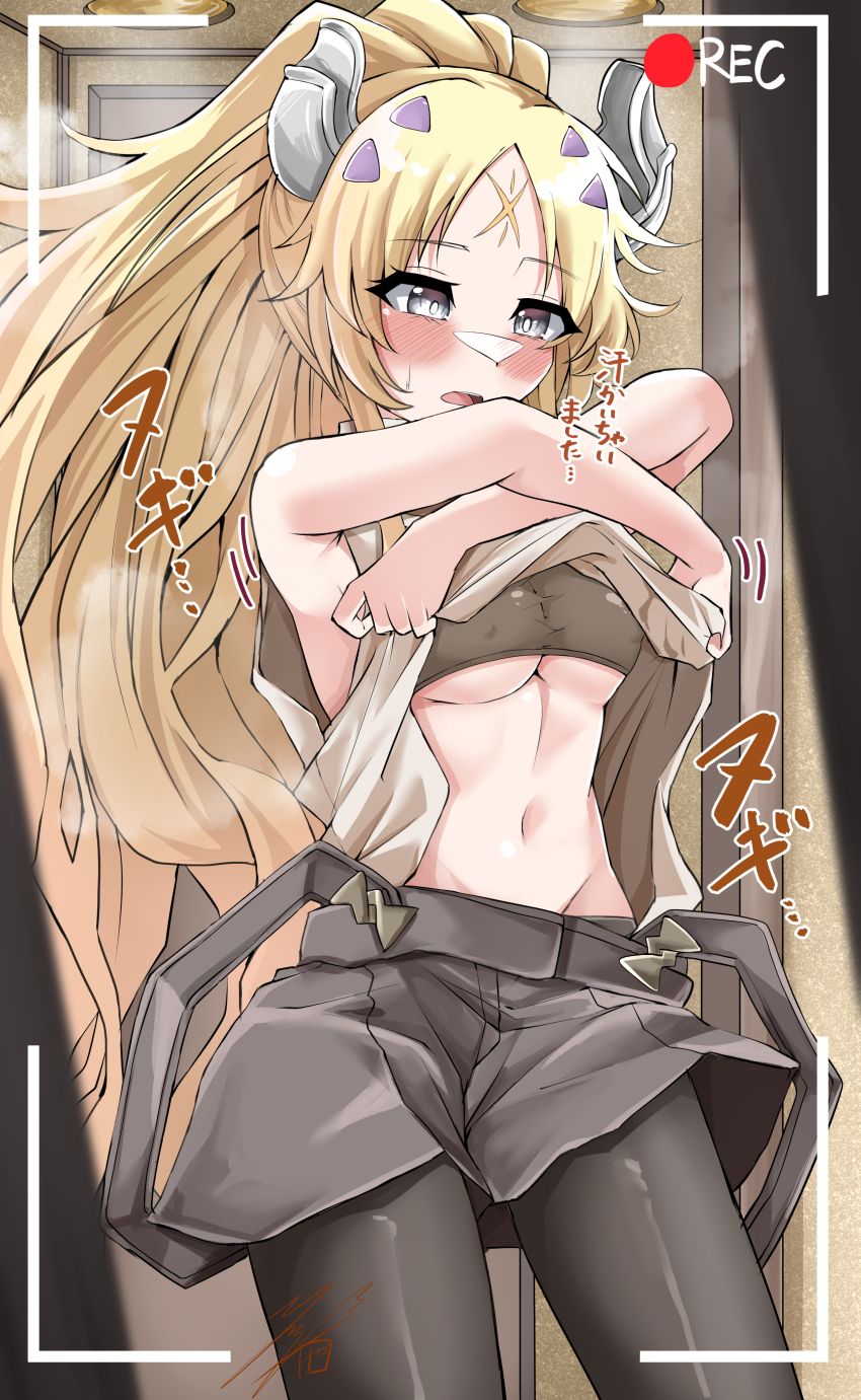 1girl absurdres bare_shoulders blonde_hair blush breasts duel_monster ecclesia_(yu-gi-oh!) facial_mark forehead_mark green_eyes hair_ornament hairclip headgear highres incredible_ecclesia_the_virtuous large_breasts long_hair navel ponytail recording shorts sleeveless solo stigmata suspender_shorts suspenders thighhighs underboob undressing very_long_hair ya-man yu-gi-oh!