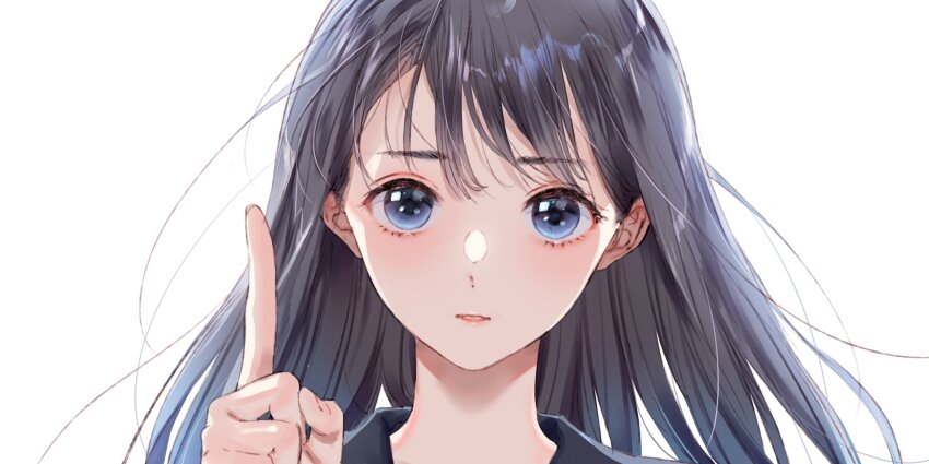 1girl absurdres blue_eyes blue_reflection_(series) blue_reflection_sun blush close-up grey_hair highres index_finger_raised kasuga_shiho kishida_mel long_hair looking_at_viewer parted_lips sailor_collar simple_background solo white_background