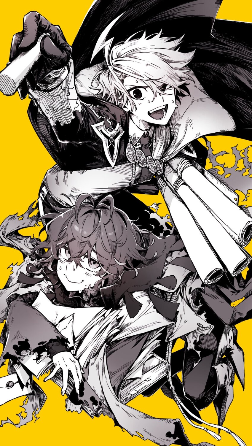 2boys aiiro book chalk dante_alighieri_(fate) fate/grand_order fate_(series) gloves greyscale_with_colored_background highres holding holding_chalk james_moriarty_(ruler)_(fate) lightning_ahoge multiple_boys necktie paper puzzle_piece_print ruler scroll smile sweat torn_clothes torn_sleeves yellow_background